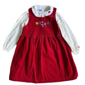 Vintage 80s Oshkosh Corduroy Jumper Dress & Top 6 Red Embroidered Flower